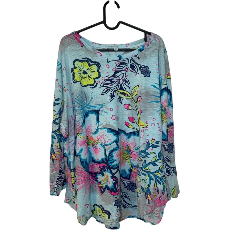 Fresh Produce Womens Blue Green Tropical Print Tunic Top 2X Vacation Beach